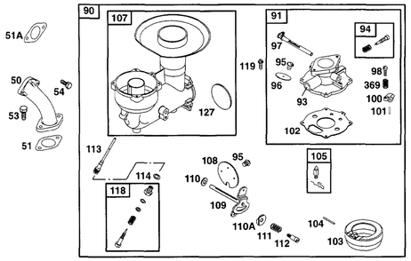 Carburetor Assembly Diagram and Parts List for 222417-0151-XX  Briggs and Stratton Engine